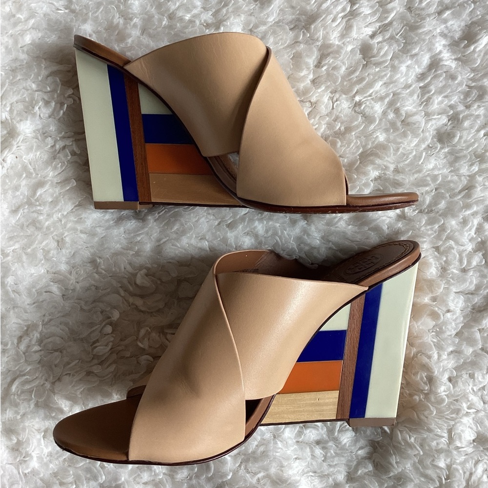 Tory Burch Tan and Multicolor Wedge Sandals